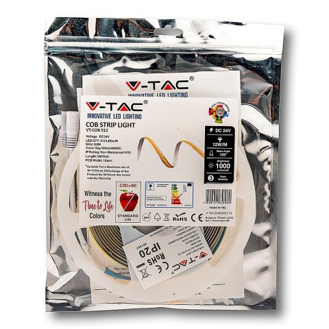 Taśma LED V-TAC Bezpunktowa COB 512LED 24V CRI90+ 12W/m VT-COB 4000K 1000lm 3 Lata Gwarancji Taśma LED V-TAC Bezpunktowa COB 512LED 24V CRI90+ 12W/m VT-COB 4000K 1000lm 3 Lata Gwarancji